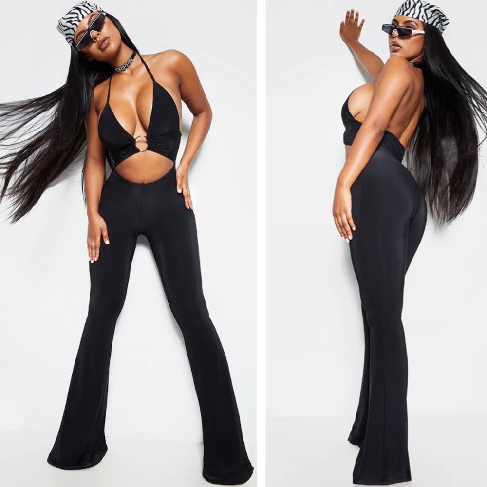 Black Plunge Ring Detail Flare Leg Jumpsuit